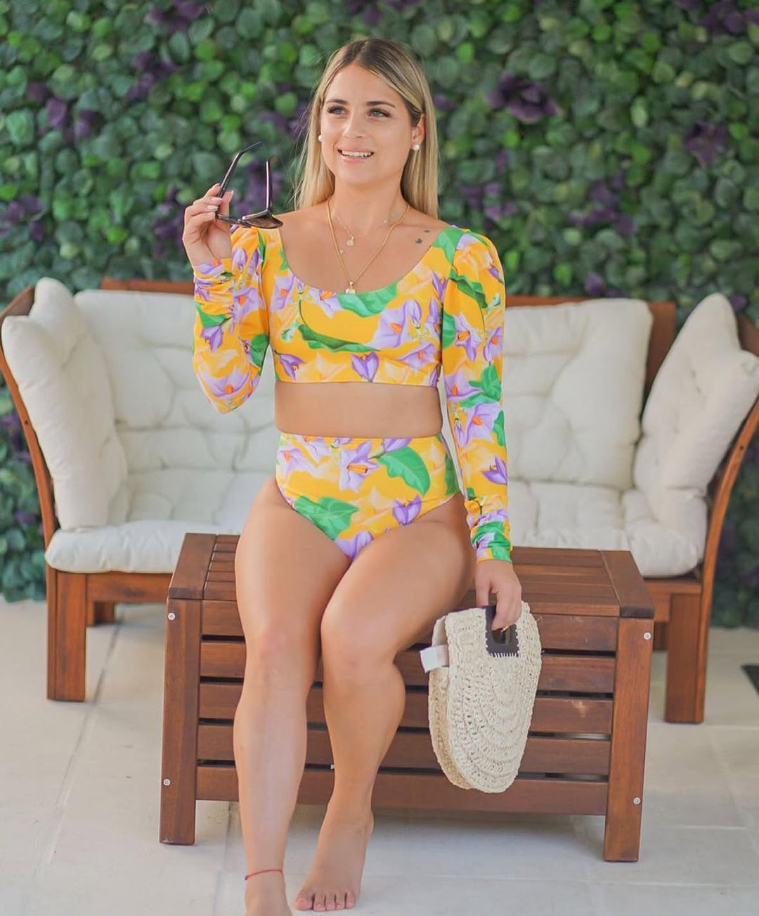 SW004 Two Piece Long-Sleeve/ High-Waisted Bottom | bold floral print in yellow, purple, and green tones.