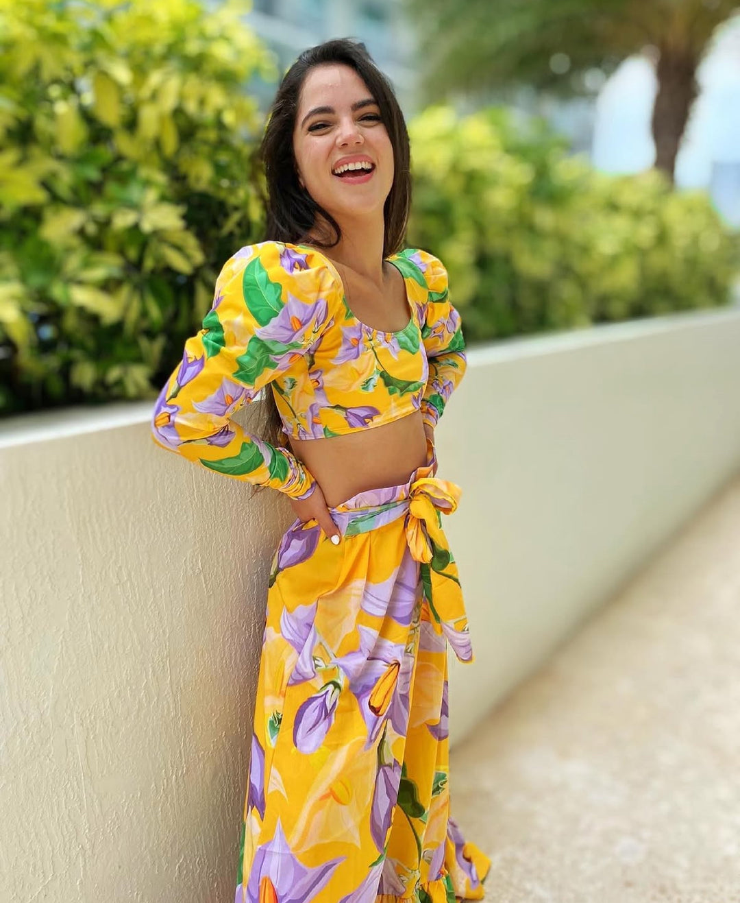 SW004 Two Piece Long-Sleeve/ High-Waisted Bottom | bold floral print in yellow, purple, and green tones.