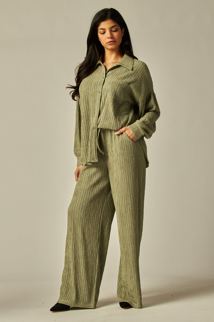 Crinkled Plisse Button Down Shirt Loungewear Set - IRIS-11S