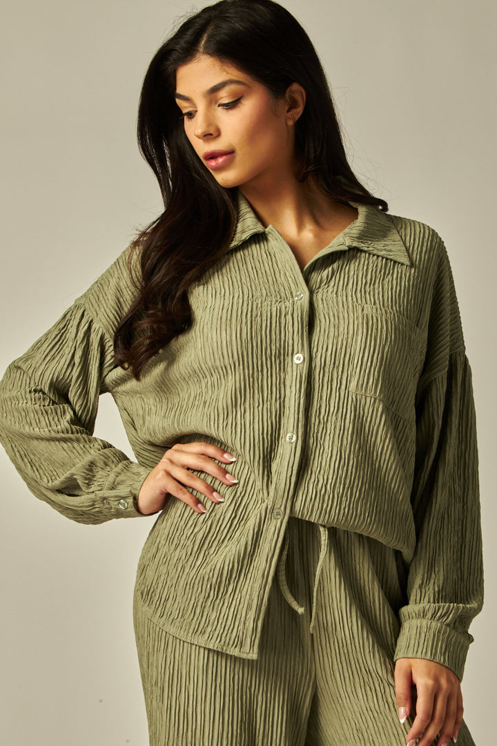 Crinkled Plisse Button Down Shirt Loungewear Set - IRIS-11S