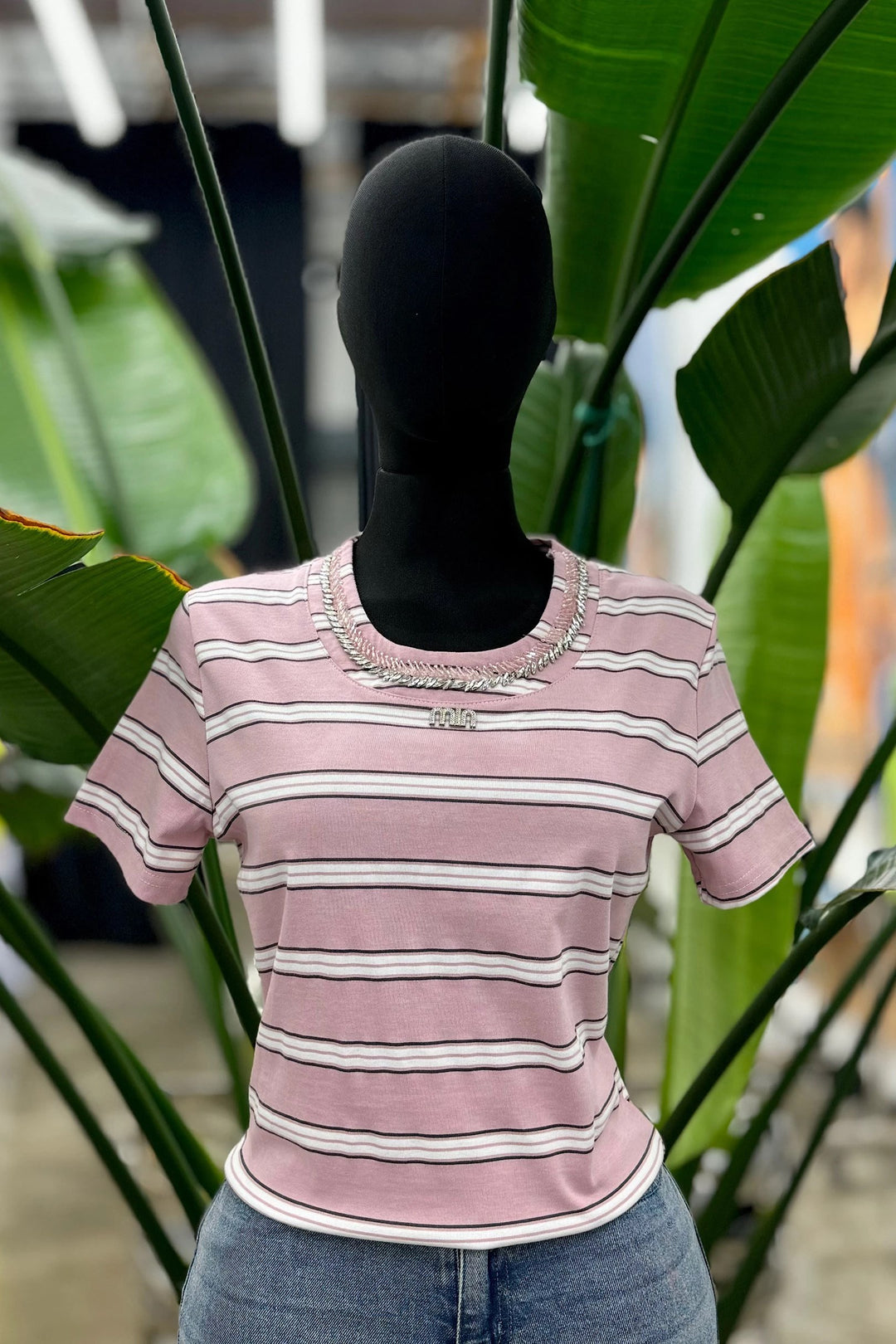 Striped Mauve Short-Sleeve T-Shirt with Embellished Necklace - TP2096