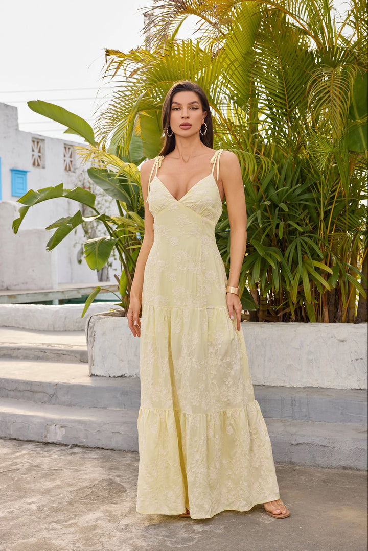 Floral Pastel Yellow Maxi Dress with Tie Straps - DR2205