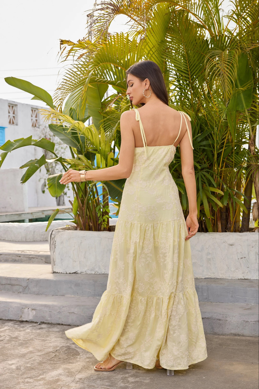 Floral Pastel Yellow Maxi Dress with Tie Straps - DR2205