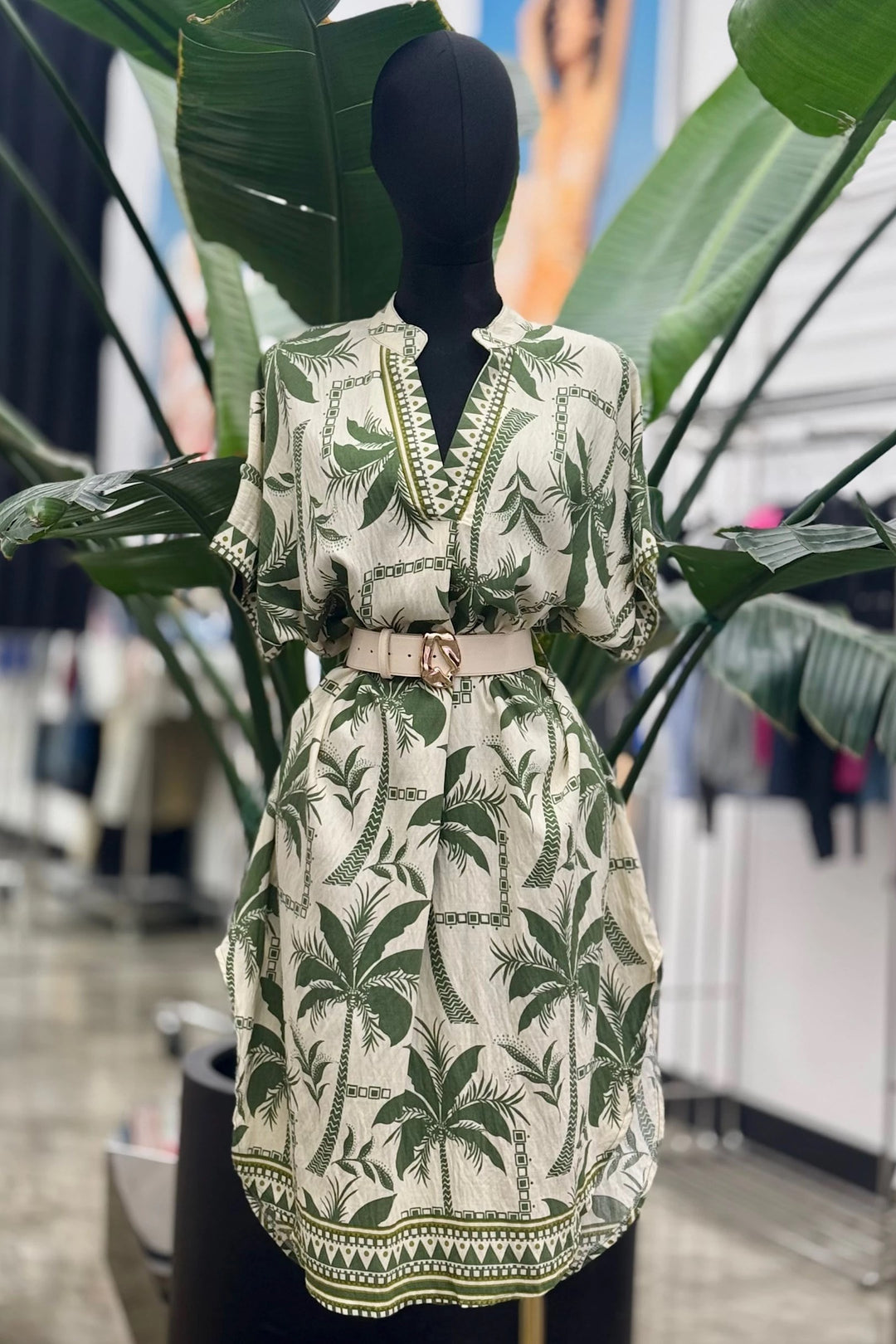 Tropical Palm Print Dress with Belt - DR2284