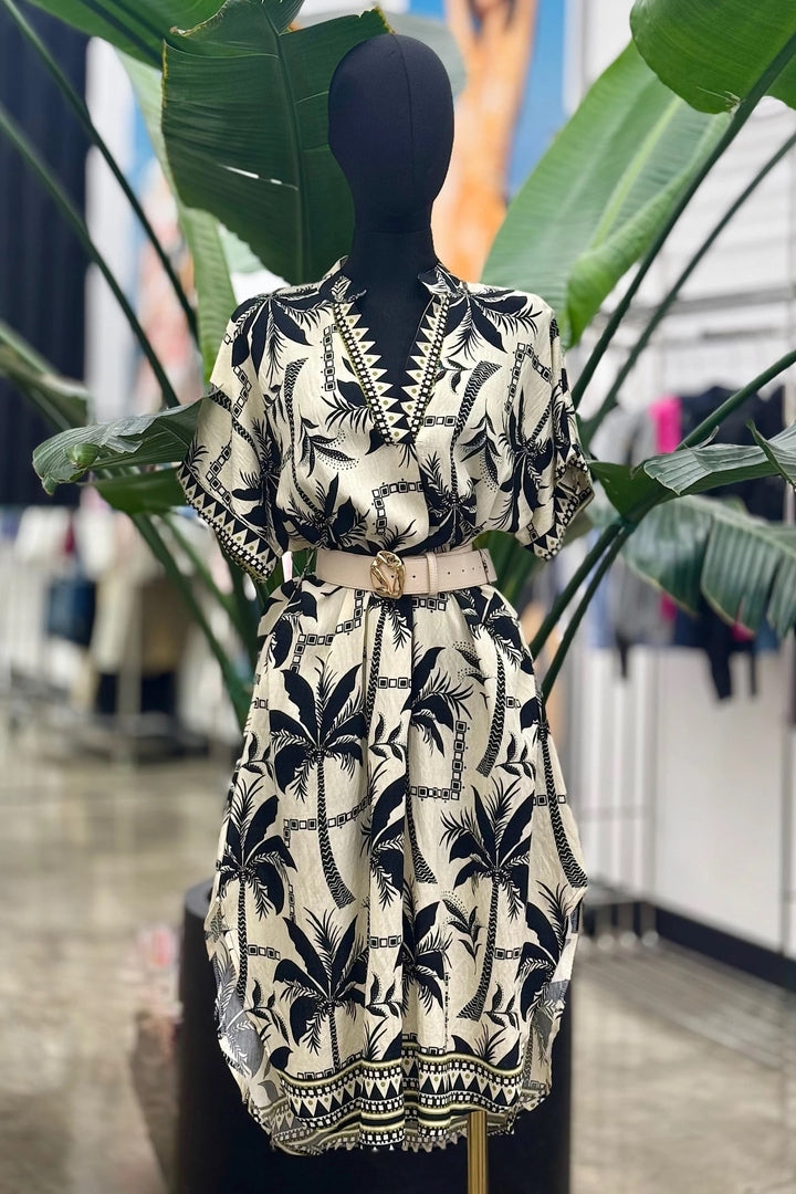 Tropical Palm Print Dress with Belt - DR2284