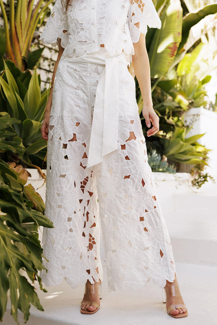 White Floral Eyelet Wide Leg Pants and Top Set - MST 9776