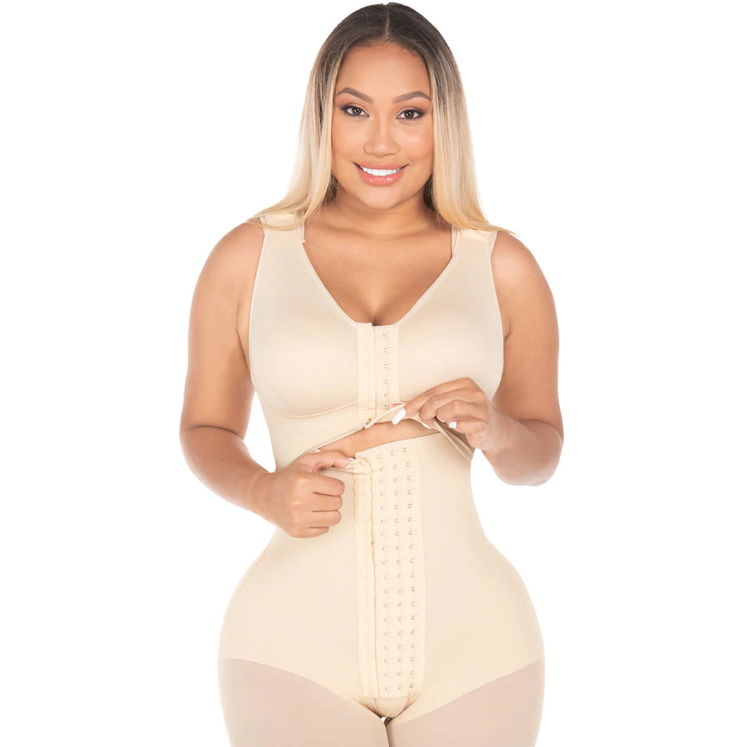 Fajas M&D F00470 HOURGLASS TYPE KNEE-LENGTH FAJA WITH BRA  | Post Op High Compression Bodysuit with Bra | ULTRA Hip Capacity