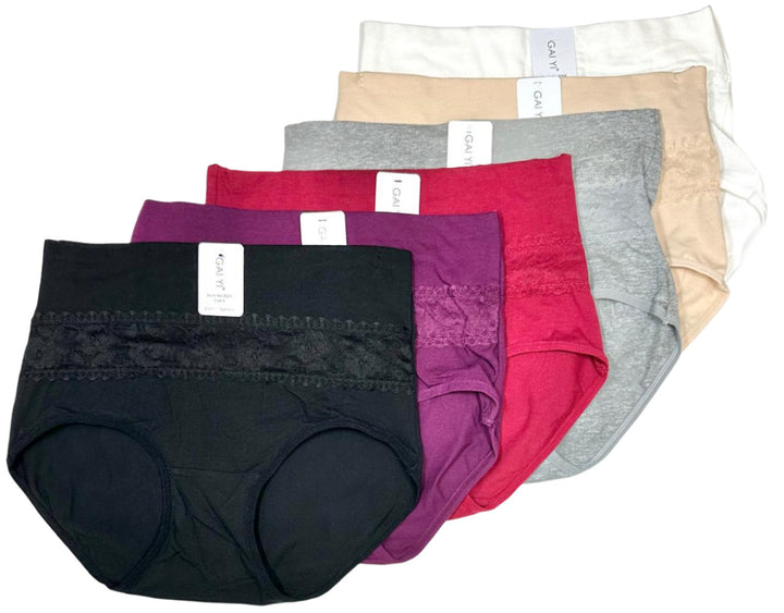 GAI YI  Women's Briefs High Waist Tummy Control Cotton Underwear Jacquard Lace Panties for Women Ladies Panty - 6 PACK