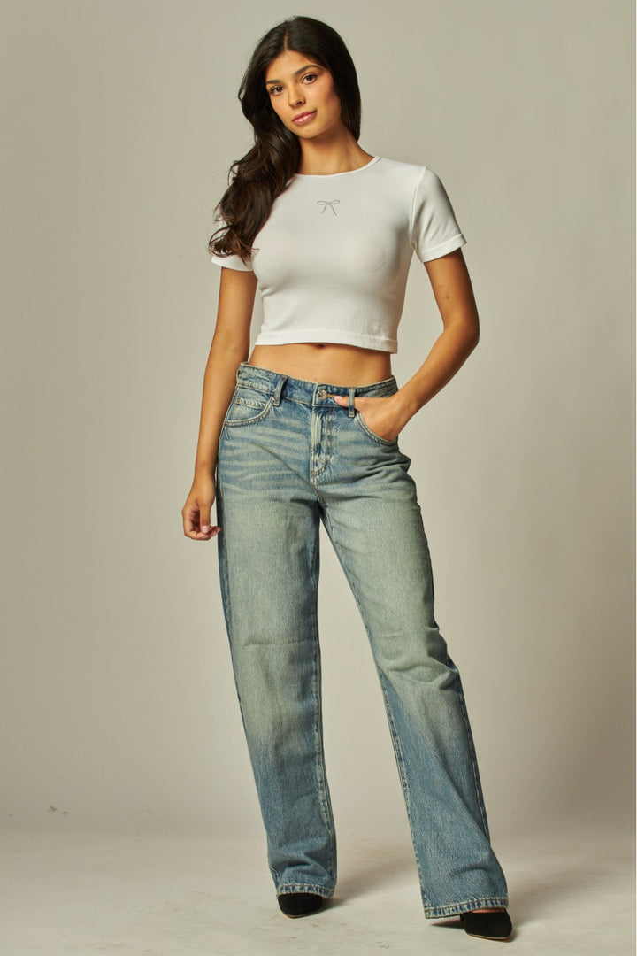 Seamless Ribbon Bow Rhinestone Cropped Tee - STONE-05